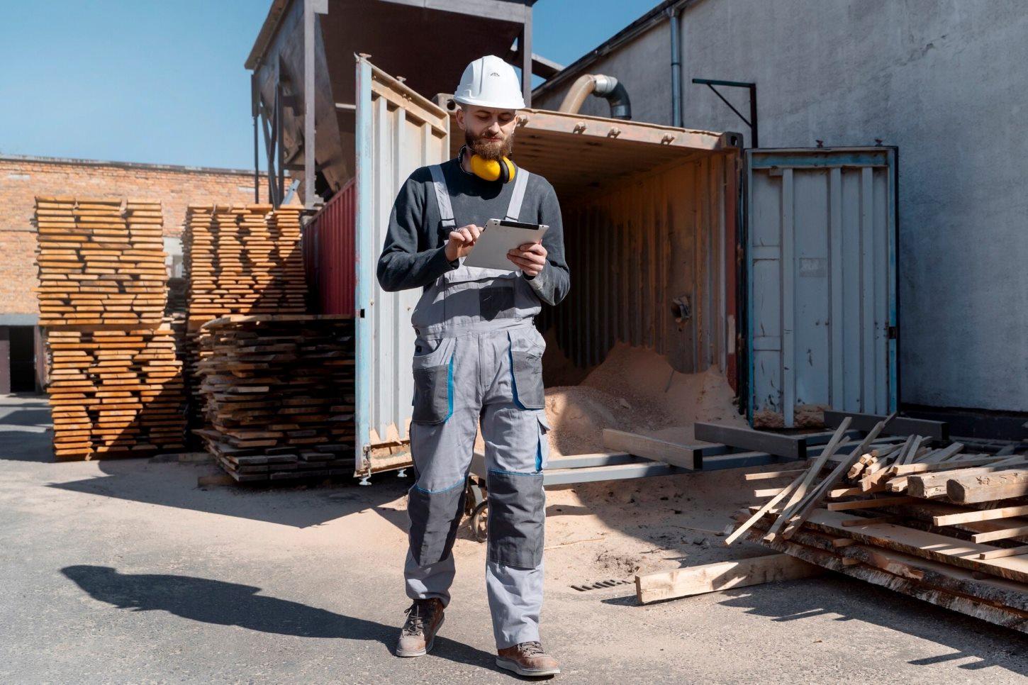Construction Materials Nicholasville KY 2 - Stratton Lumber Construction worker in a hard hat and safety vest checks a tablet near an open shipping container and stacks of lumber.