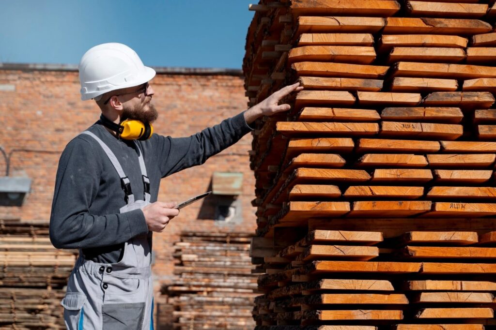 Construction worker in a white hard hat and safety ear protection inspects a tall stack of wooden planks at a lumberyard.